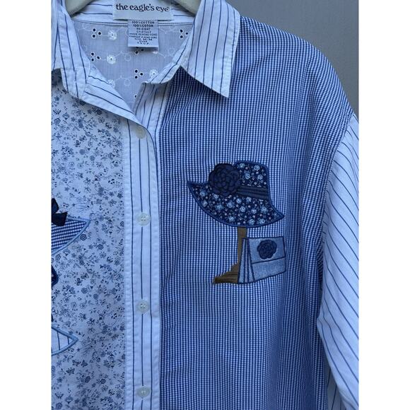 VTG Eagle's Eye Patchwork Embroidered Button Up Shirt Sz M Hong Kong Cottagecore - Picture 6 of 9